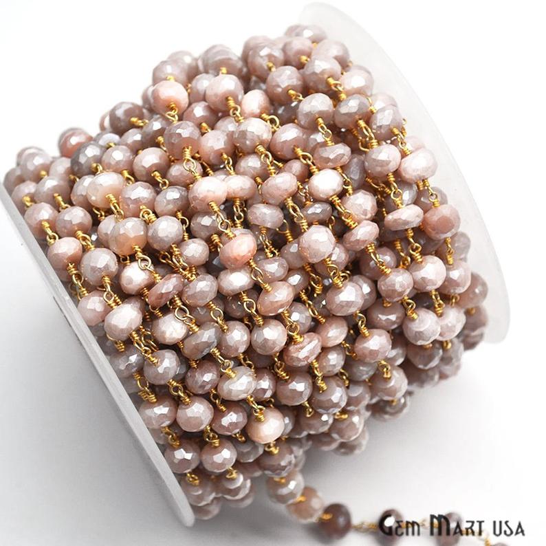 Peach Moonstone Beads Chain, Gold Plated Wire Wrapped Rosary Chain (764030550063)