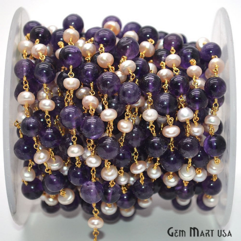 Amethyst & Pink Pearl Gold Plated Wire Wrapped Beads Rosary Chain (763932114991)