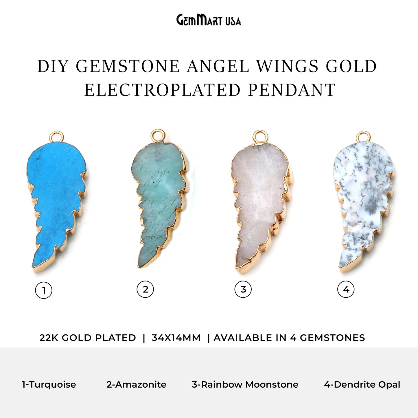 Gemstone Angel Wings 34x14mm Gold Electroplated Pendant