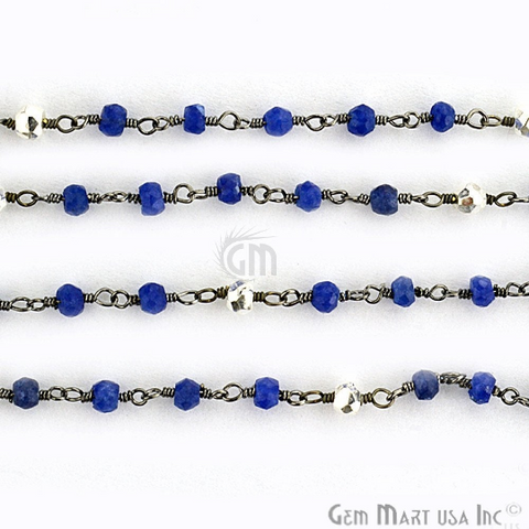 Sapphire With Silver Pyrite Oxidized Wire Wrapped Beads Rosary Chain (764421537839)