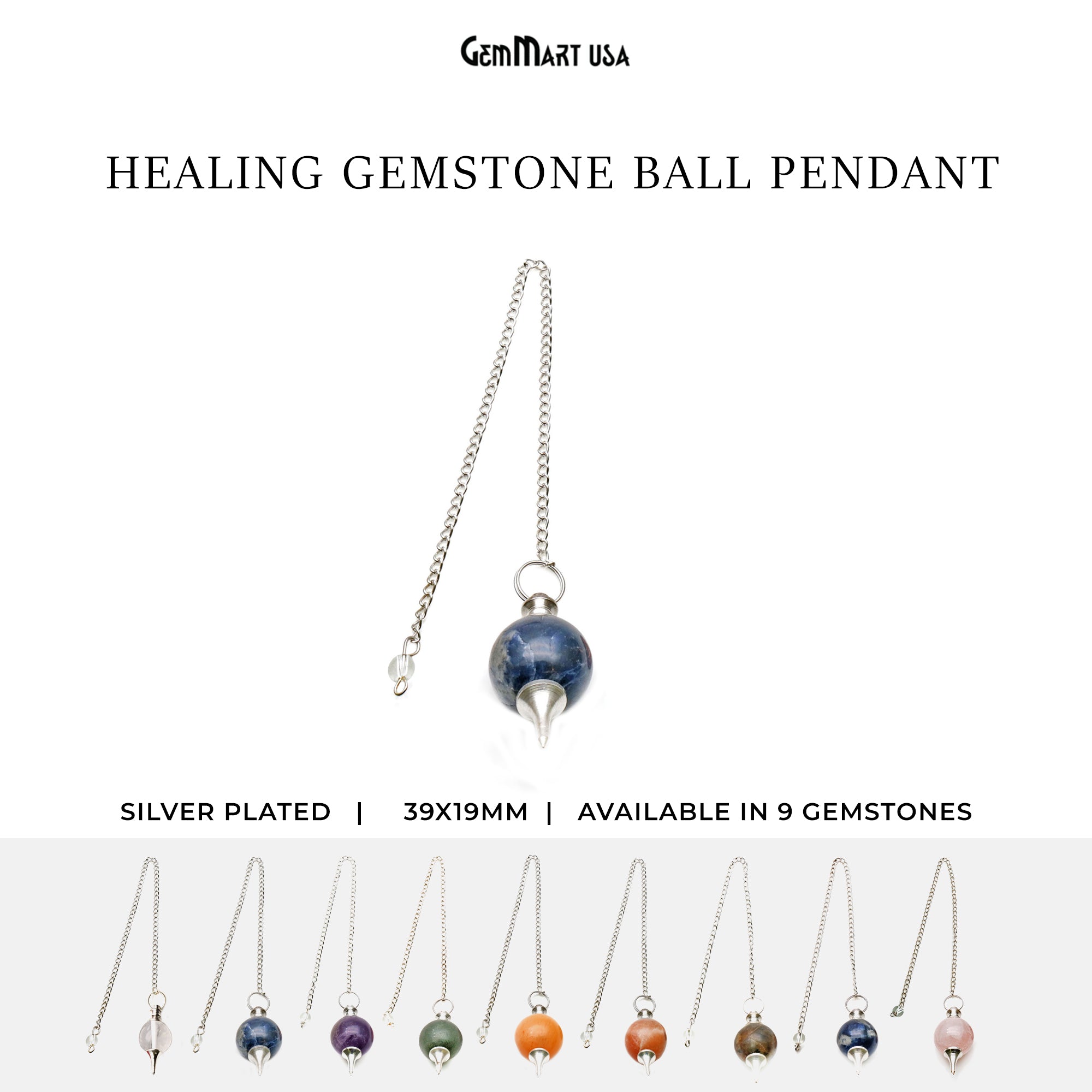 Handcrafted Crystal Ball 39x19mm Healing Dowsing Pointed Pendulum Pendant Silver Plated Chain Ball Shaped Gemstone