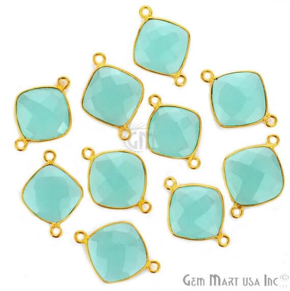 Natural Aqua Chalcedony Cushion 12mm Gold Plated Double Bail Connector - GemMartUSA