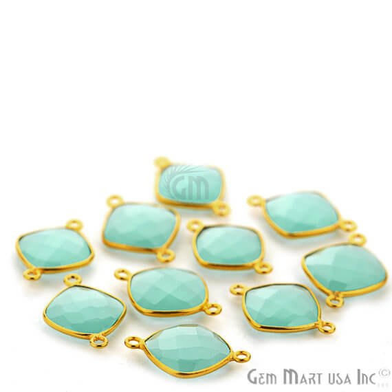 Natural Aqua Chalcedony Cushion 12mm Gold Plated Double Bail Connector - GemMartUSA