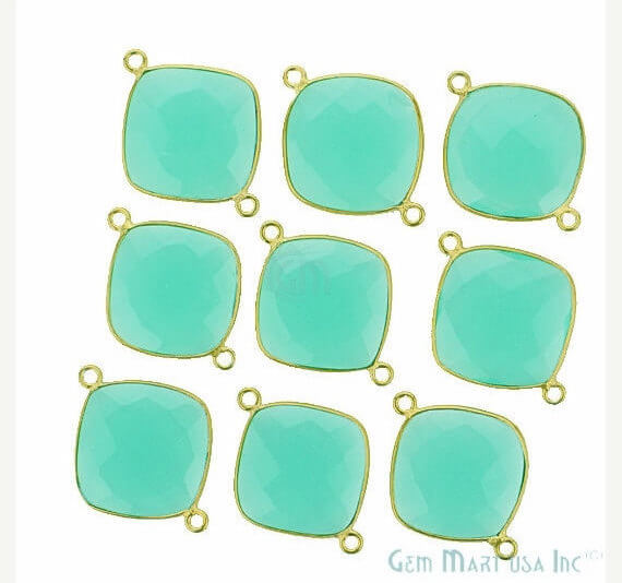 Natural Aqua Chalcedony Cushion 16MM Gold Plated Double Bail Connector - GemMartUSA