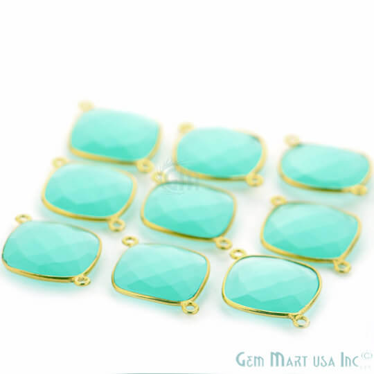 Natural Aqua Chalcedony Cushion 16MM Gold Plated Double Bail Connector - GemMartUSA