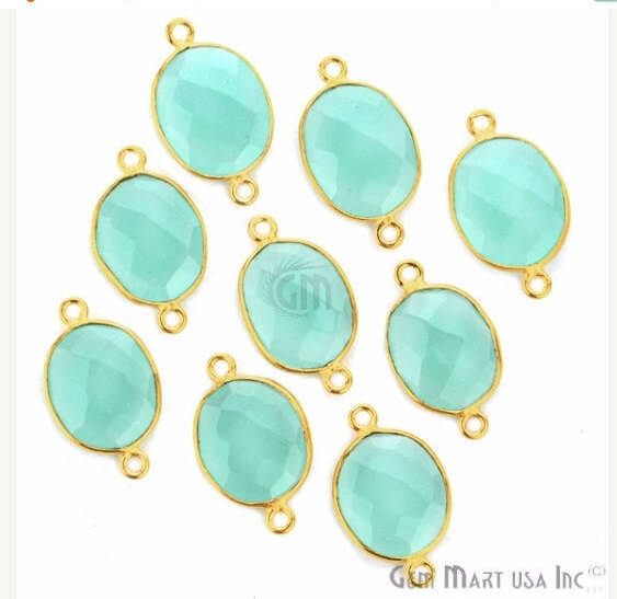 Natural Aqua Chalcedony Oval 10x12mm Gold Plated Double Bail Connector - GemMartUSA