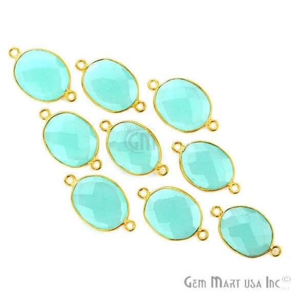 Natural Aqua Chalcedony Oval 12x16mm Gold Plated Double Bail Connector - GemMartUSA