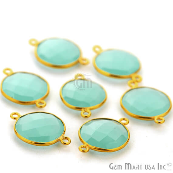 Natural Aqua Chalcedony Connector Round Shape 24k Gold Plated Double Bail Connector (AD-11523) - GemMartUSA