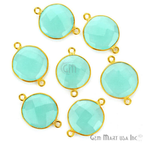 Natural Aqua Chalcedony Connector Round Shape 24k Gold Plated Double Bail Connector (AD-11523) - GemMartUSA