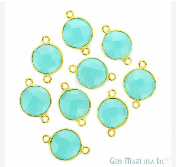 Natural Aqua Chalcedony Round 14MM Gold Plated Double Bail Connector - GemMartUSA