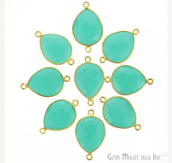 Natural Aqua Chalcedony Pears 13x18mm Gold Plated Double Bail Connector - GemMartUSA