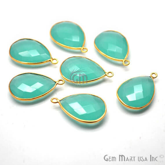 Natural Aqua Chalcedony Pears 13x18mm Gold Plated Single Bail Connector - GemMartUSA