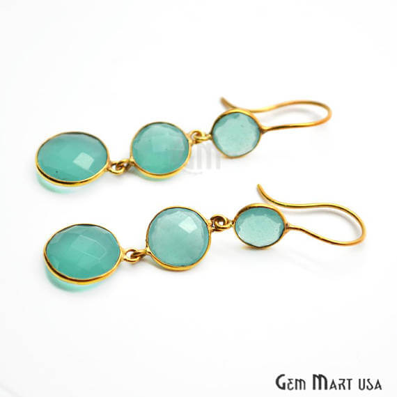 Aqua Chalcedony Bezel Round Shape Gold Plated 40x12mm Dangle Hook Earring (ADER-90183) - GemMartUSA