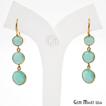 Aqua Chalcedony Bezel Round Shape Gold Plated 40x12mm Dangle Hook Earring (ADER-90183) - GemMartUSA