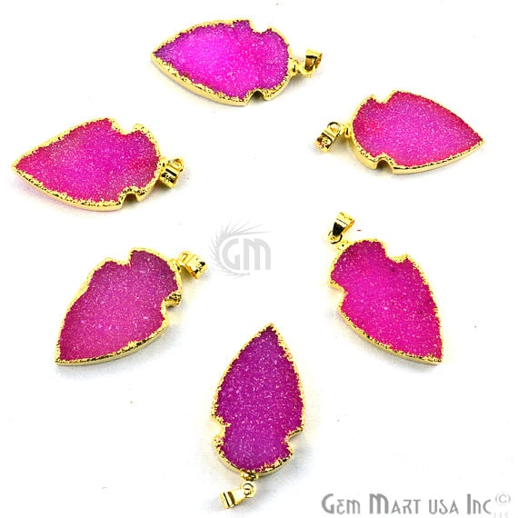 Pink Druzy Arrow Heads Pendant, 29x15mm Electroplated Gold Edged Arrow Heads Pendant (AHDZ-50002) - GemMartUSA (764081340463)