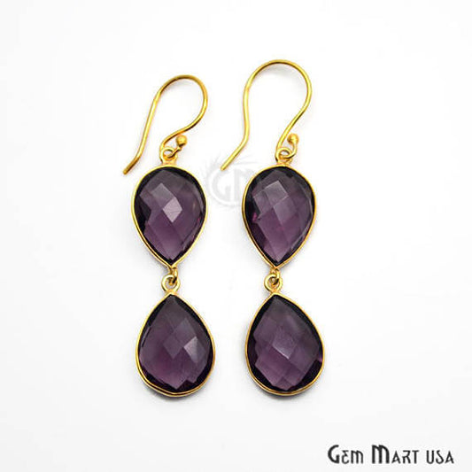 Amethyst Bezel Pears Shape Gold Plated 40x12mm Dangle Hook Earring (AMER-90186) - GemMartUSA