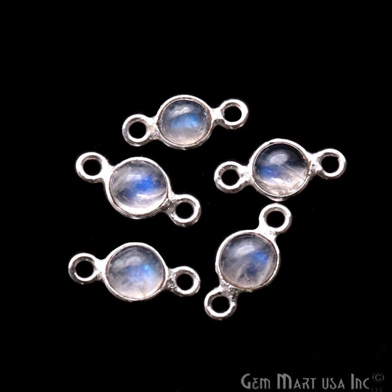 Rainbow Moonstone Cabochon 5mm Round Silver Plated Double Bail Gemstone Connector