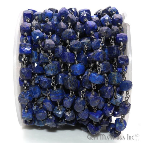 Lapis Cube Chain 6-7mm Oxidized Wire Wrapped Beads Rosary Chain