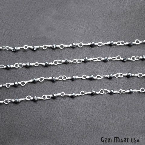 Black Pyrite Silver Plated Wire Wrapped Gemstone Beads Rosary Chain (763819163695)