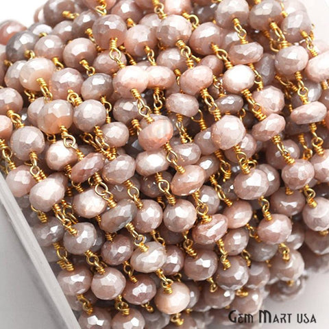 Peach Moonstone Beads Chain, Gold Plated Wire Wrapped Rosary Chain (764030550063)