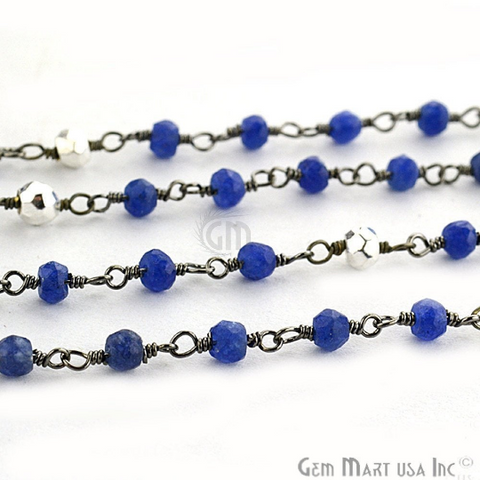 Sapphire With Silver Pyrite Oxidized Wire Wrapped Beads Rosary Chain (764421537839)