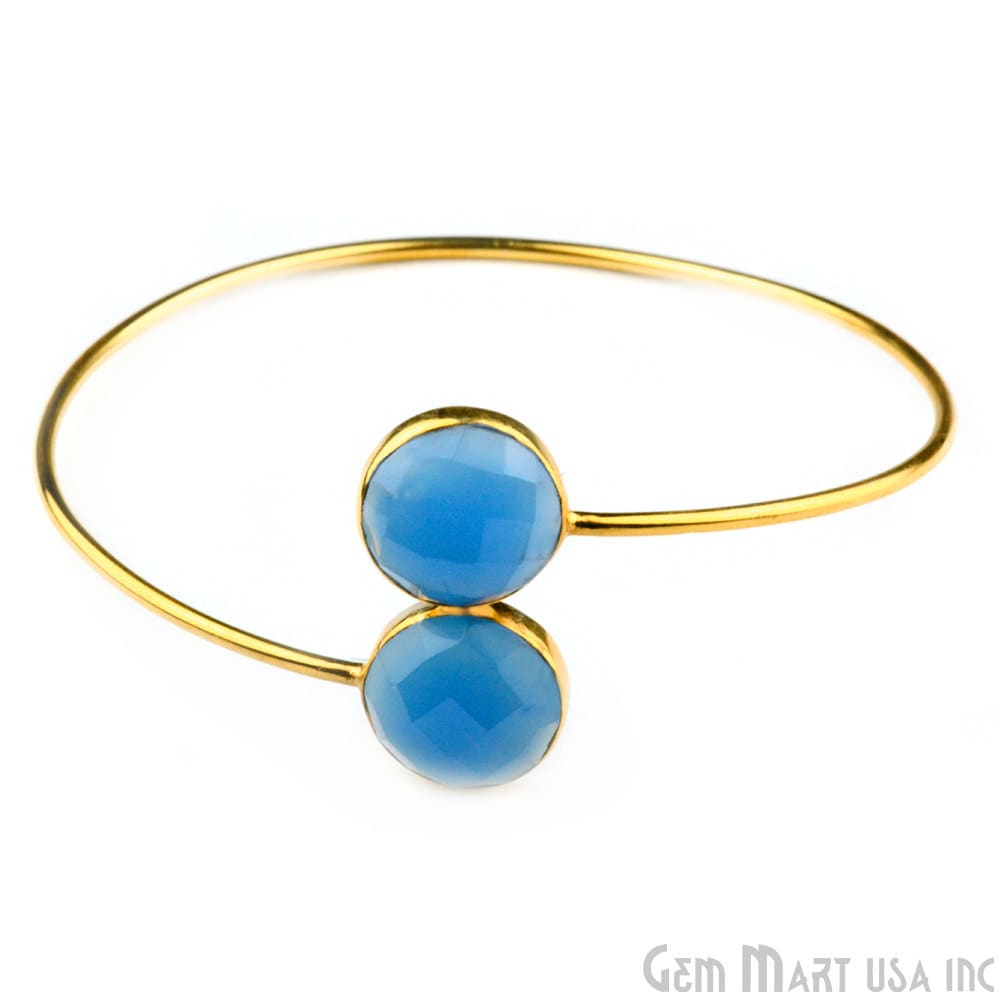 Blue Chalcedony 14mm Round Shape Adjustable Interlock Gold Plated Stacking Bangle Bracelet - GemMartUSA (754975014959)