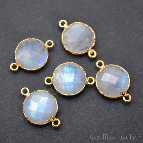 Rainbow Moonstone 14mm Round Gold Electroplated Gemstone Connector (Pick Lot Size)