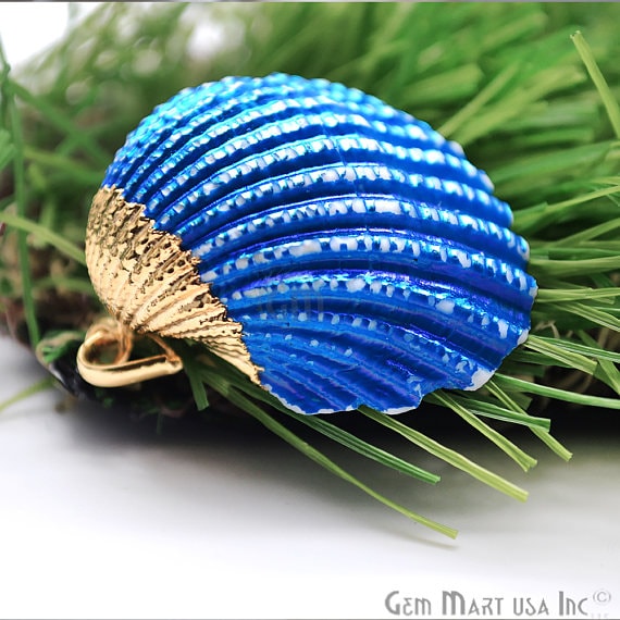 Natural Blue Serene Seas Seashell 40x34mm Gold Electroplated Charms Pendant - GemMartUSA