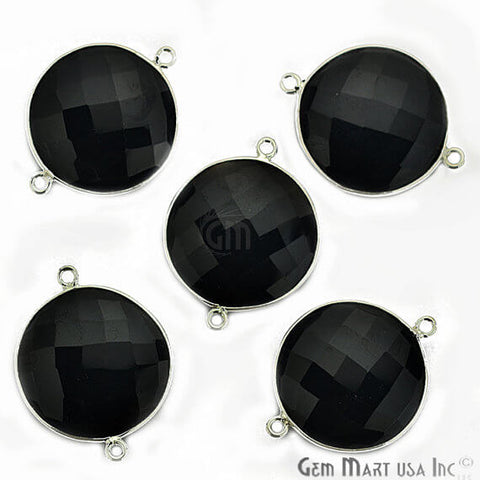 Natural Black Onyx Connector Round Shape Silver Plated Double Bail Connector (BO-10226) - GemMartUSA
