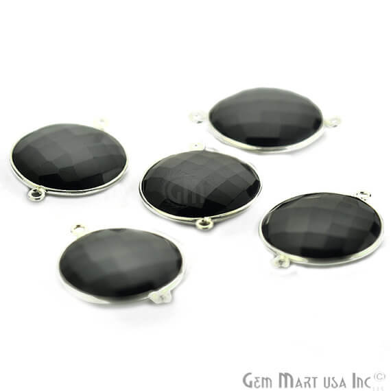 Natural Black Onyx Connector Round Shape Silver Plated Double Bail Connector (BO-10226) - GemMartUSA