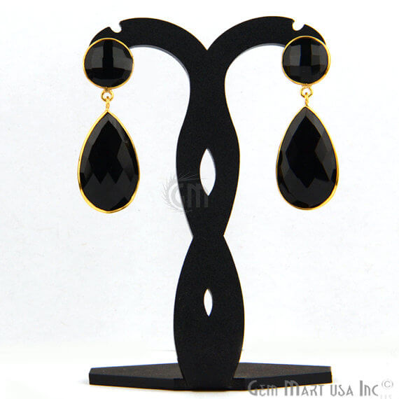 Black Onyx Round & Pears Shape 44x15mm Gold Plated Dangle Hook Earrings - GemMartUSA