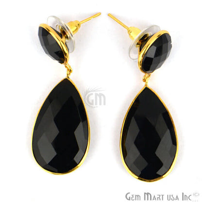 Black Onyx Round & Pears Shape 44x15mm Gold Plated Dangle Hook Earrings - GemMartUSA