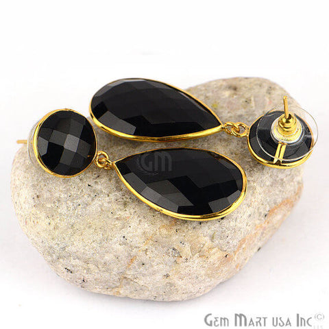 Black Onyx Round & Pears Shape 44x15mm Gold Plated Dangle Hook Earrings - GemMartUSA