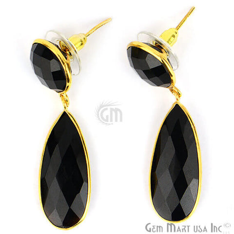 Black Onyx Round & Pears Shape 44x11mm Gold Plated Dangle Hook Earrings - GemMartUSA