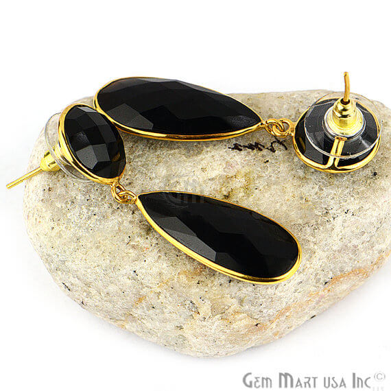 Black Onyx Round & Pears Shape 44x11mm Gold Plated Dangle Hook Earrings - GemMartUSA