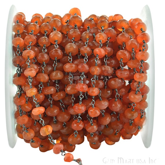 Carnelian 6-7mm Beads Chain, Oxidized Wire Wrapped Rosary Chain - GemMartUSA (762837270575)