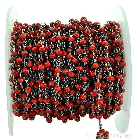 Red Coral 3-3.5mm Oxidized Plated Wire Wrapped Beads Rosary Chain - GemMartUSA (762839105583)