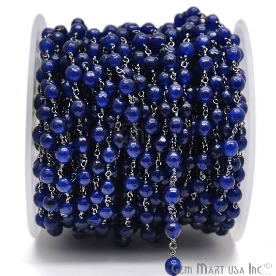 Dark Blue Jade Faceted Beads Oxidized Wire Wrapped Rosary Chain - GemMartUSA (762842120239)