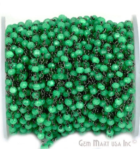 Green Chalcedony 3-3.5mm Oxidized Wire Wrapped Beads Rosary Chain - GemMartUSA (762853031983)
