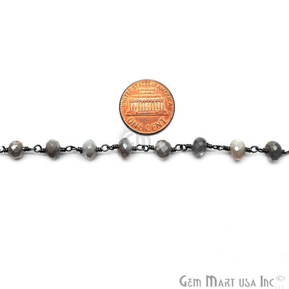 Grey Moonstone Beads Chain, Oxidized Wire Wrapped Rosary Chain - GemMartUSA (762856931375)