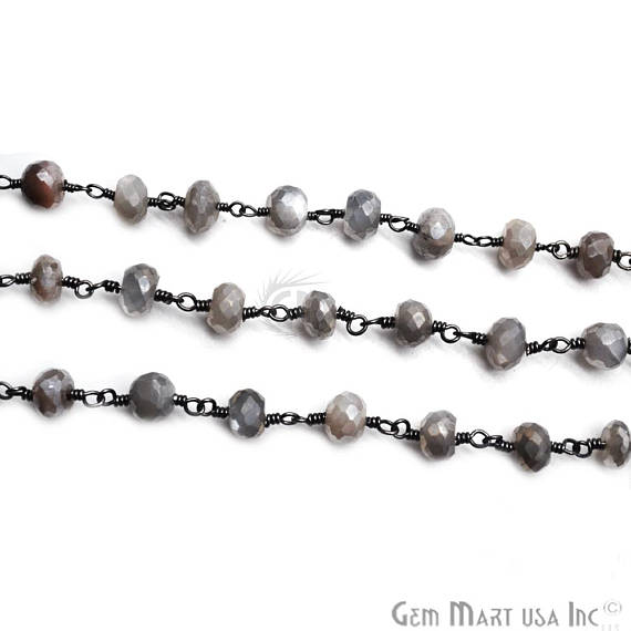 Grey Moonstone Beads Chain, Oxidized Wire Wrapped Rosary Chain - GemMartUSA (762856931375)