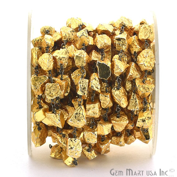 Golden Pyrite Rough Fancy Nugget Beads Oxidized Rosary Chain - GemMartUSA (762859520047)