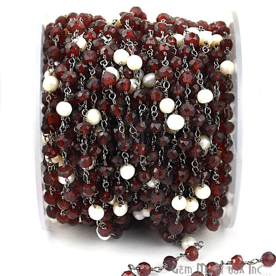 Garnet With Pearl 4mm Oxidized Wire Wrapped Beads Rosary Chain - GemMartUSA (762860109871)