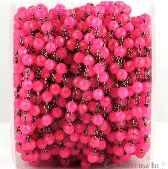 Hot Pink Jade 4mm Beads Oxidized Wire Wrapped Rosary Chain - GemMartUSA (762861158447)