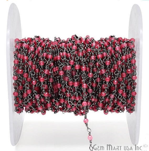 Hot Pink Chalcedony Oxidized Wire Wrapped Gemstone Beads Rosary Chain - GemMartUSA (762862436399)