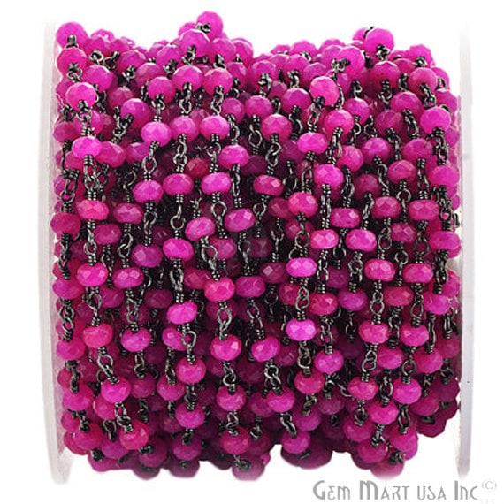 Hot Pink Chalcedony 4mm Oxidized Wire Wrapped Beads Rosary Chain - GemMartUSA (762863058991)