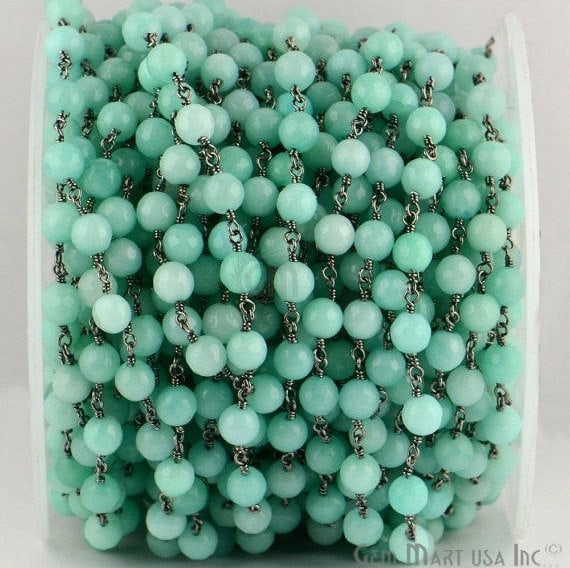 Light Green Jade 6mm Beads Oxidized Wire Wrapped Rosary Chain - GemMartUSA (762864861231)