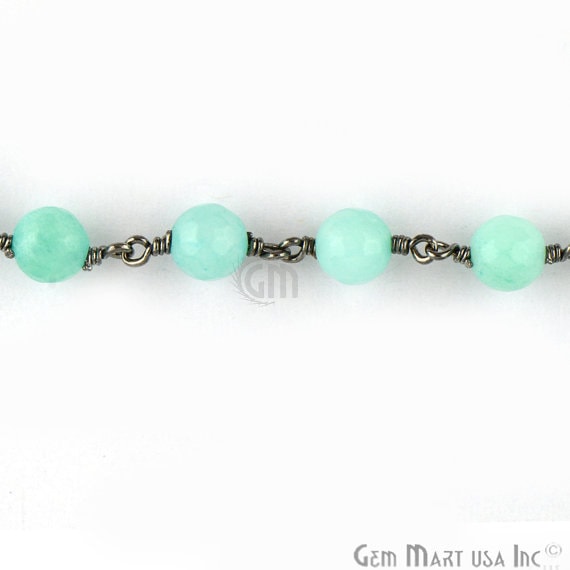 Light Green Jade 6mm Beads Oxidized Wire Wrapped Rosary Chain - GemMartUSA (762864861231)