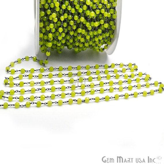 Light Green jade 4mm Beads Oxidized Wire Wrapped Rosary Chain - GemMartUSA (762865516591)