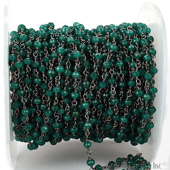 Emerald Jade Faceted 3-3.5mm Oxidized Wire Wrapped Beads Rosary Chain - GemMartUSA (762868695087)